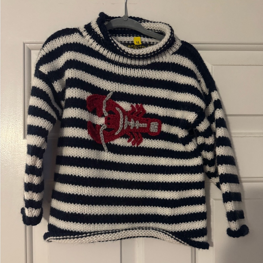 Kid’s Striped Navy and White Sweater with Red Lobster Design